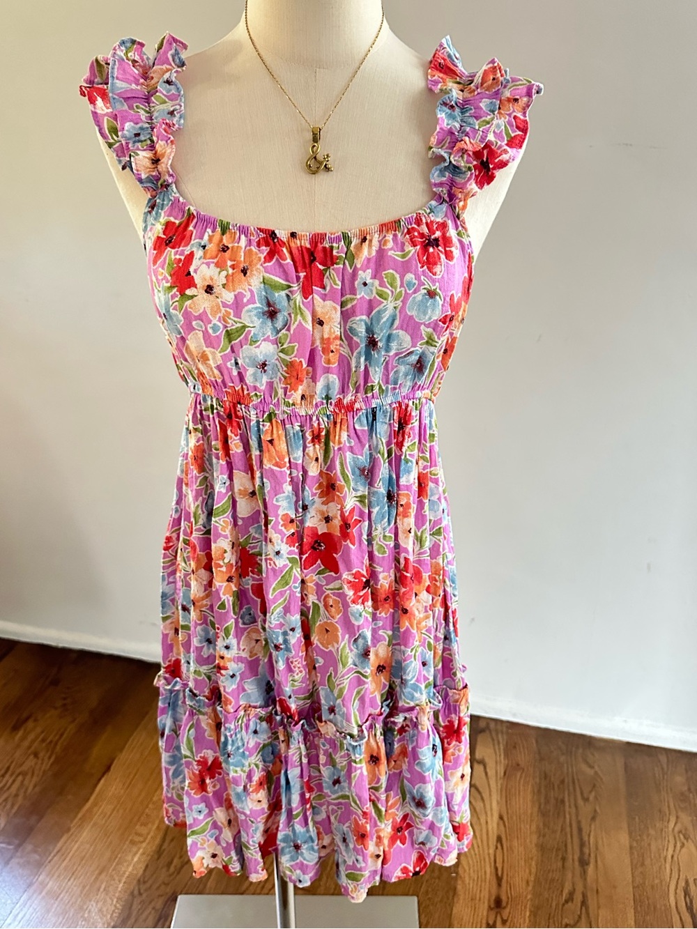 Blu Pepper Floral Ruffle Strap Babydoll Mini Dress Pink Lavender Size L
